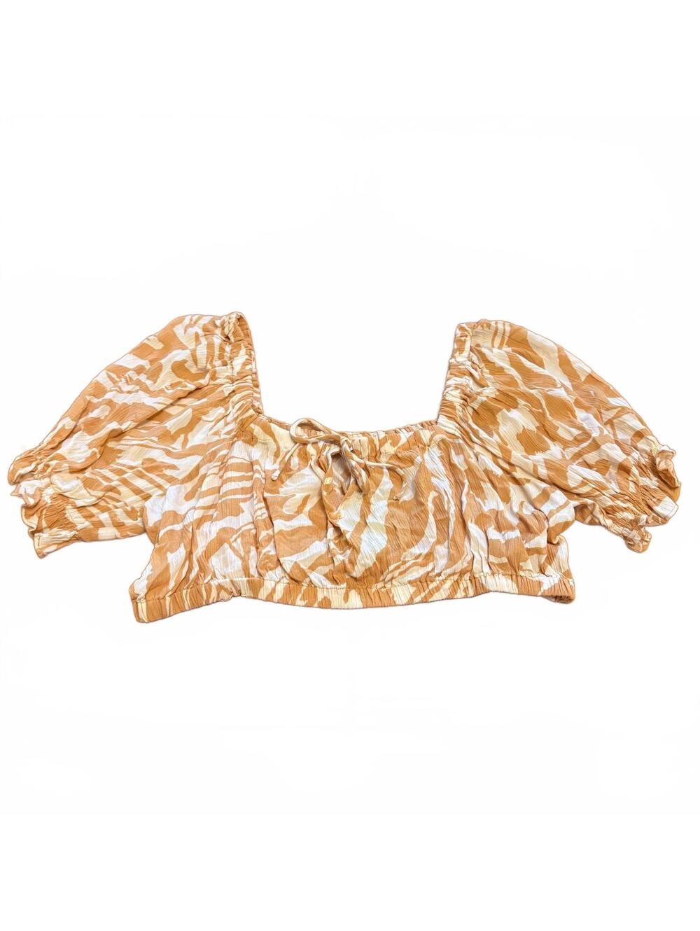 H&M Women's Crop Top Large Tan White Puff Sleeves NWT Boho Fairy Festival